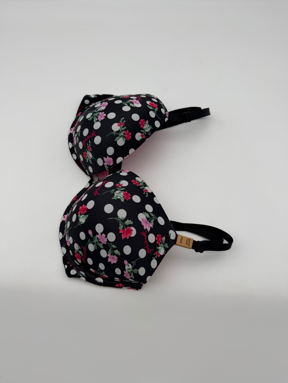 PINK Victoria's Secret‎ Black Polka Dot Floral Push-Up Bra - Picture 3 of 7